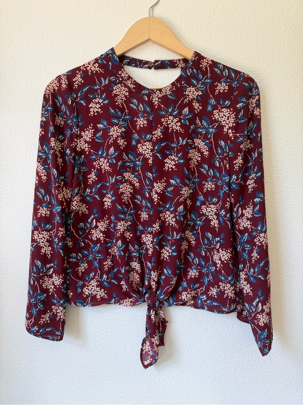 Madewell Burgundy Floral Tie-Front Long-Sleeve Blouse